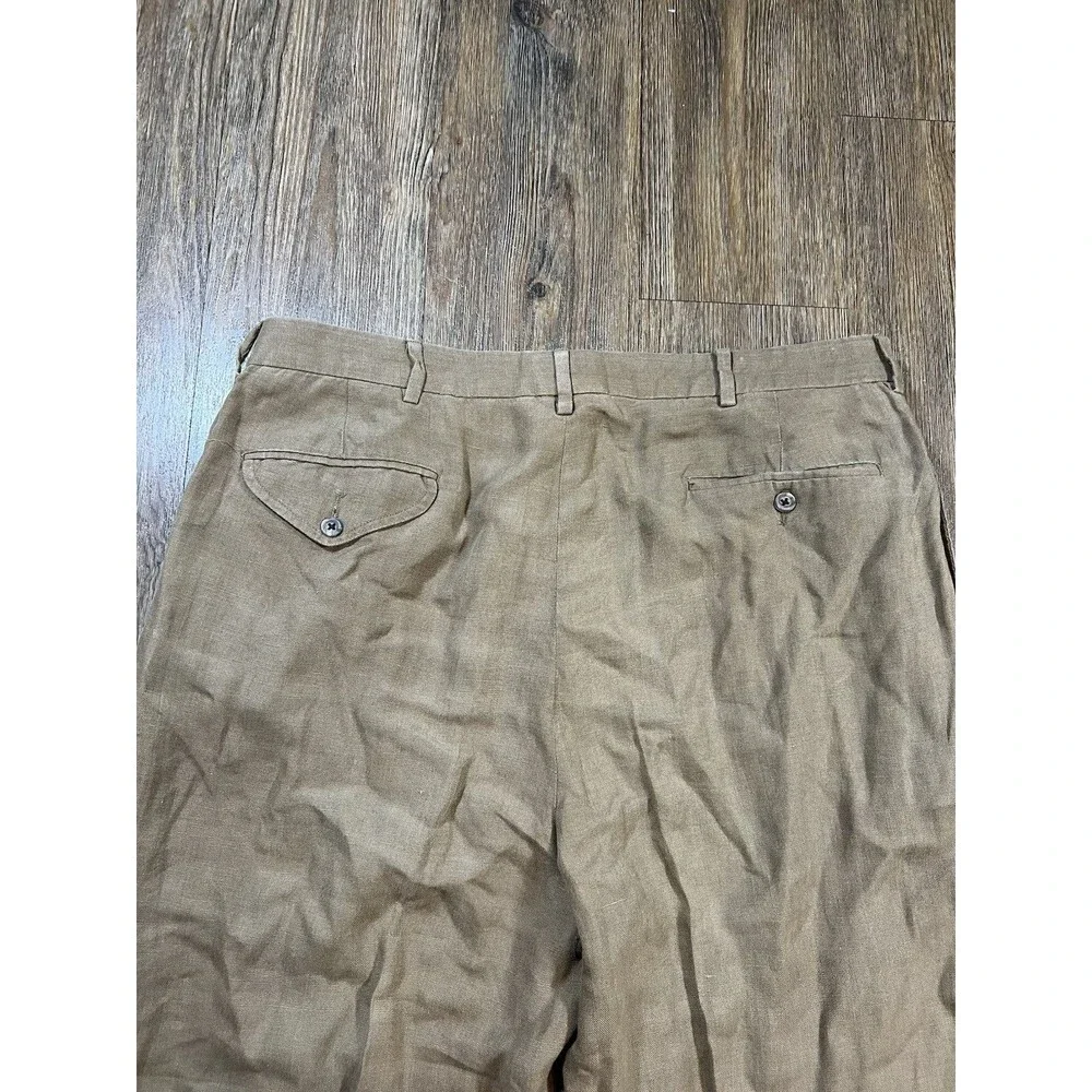 Vintage Polo Ralph Lauren Cuffed Pleated Trouser Pants Beige 100% Linen 36x30